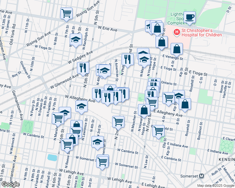 map of restaurants, bars, coffee shops, grocery stores, and more near 3244 North Philip Street in Philadelphia