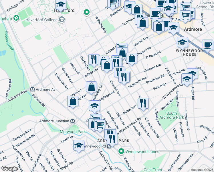 map of restaurants, bars, coffee shops, grocery stores, and more near 2725 Saint Marys Road in Ardmore