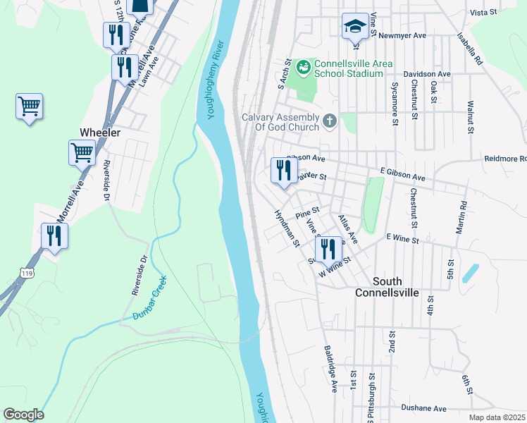 map of restaurants, bars, coffee shops, grocery stores, and more near 1524 Hyndman Street in Connellsville
