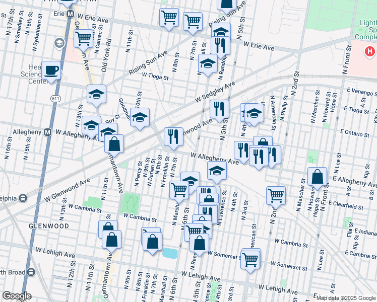 map of restaurants, bars, coffee shops, grocery stores, and more near 609 West Allegheny Avenue in Philadelphia