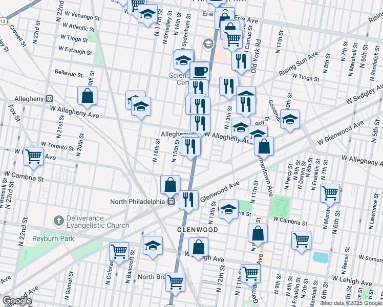 map of restaurants, bars, coffee shops, grocery stores, and more near 3106 North Broad Street in Philadelphia