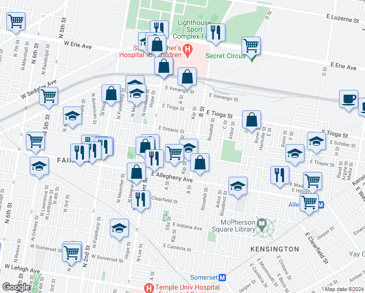 map of restaurants, bars, coffee shops, grocery stores, and more near 3317 Ella Street in Philadelphia