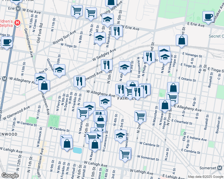 map of restaurants, bars, coffee shops, grocery stores, and more near 3201 North 5th Street in Philadelphia