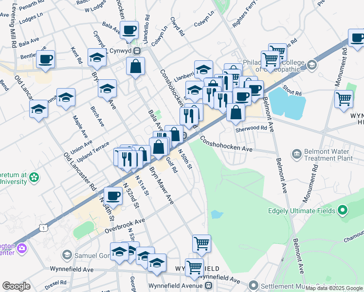 map of restaurants, bars, coffee shops, grocery stores, and more near 2499 North 50th Street in Philadelphia