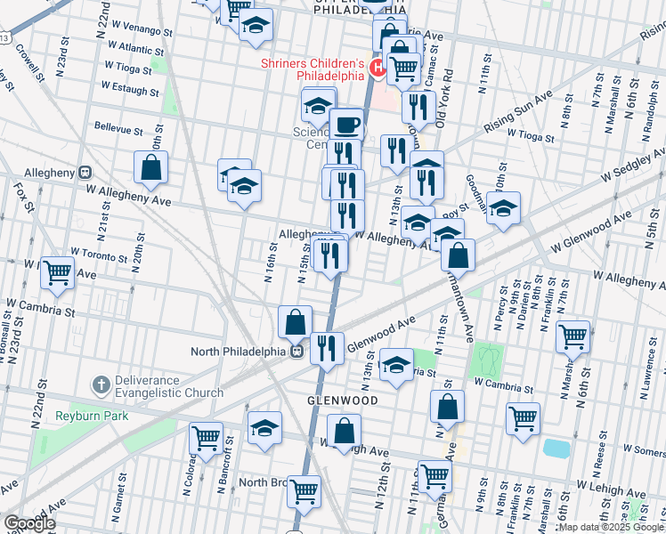 map of restaurants, bars, coffee shops, grocery stores, and more near 3106 North Broad Street in Philadelphia