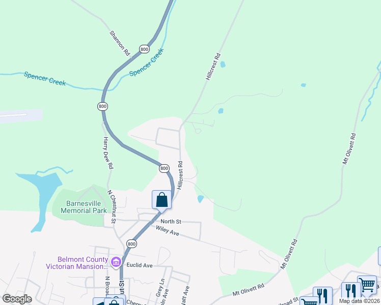 map of restaurants, bars, coffee shops, grocery stores, and more near 62239 Hillcrest Road in Barnesville