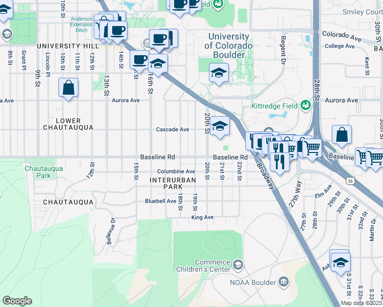 map of restaurants, bars, coffee shops, grocery stores, and more near in Boulder