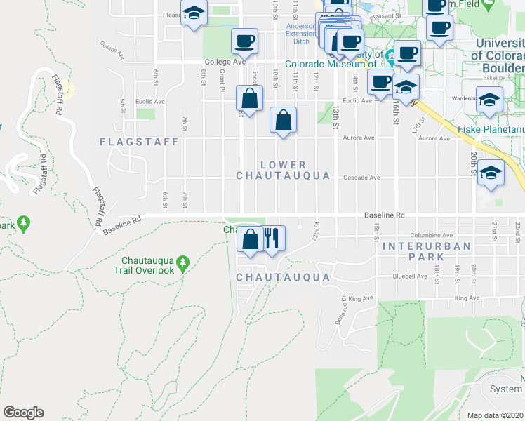map of restaurants, bars, coffee shops, grocery stores, and more near 722 Lincoln Place in Boulder