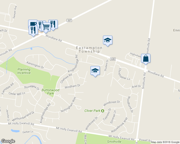 map of restaurants, bars, coffee shops, grocery stores, and more near 46 Windham Drive in Mount Holly