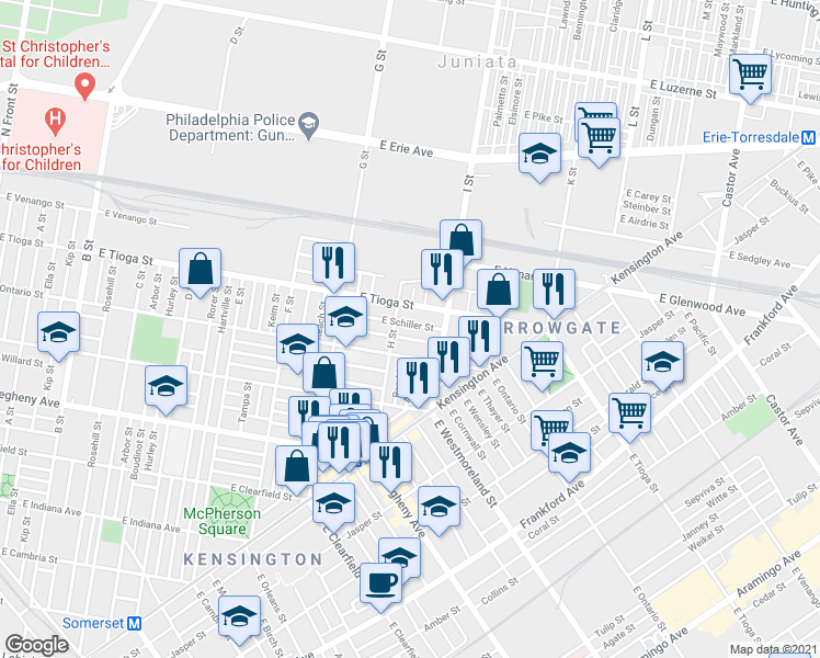 map of restaurants, bars, coffee shops, grocery stores, and more near 3434 H Street in Philadelphia
