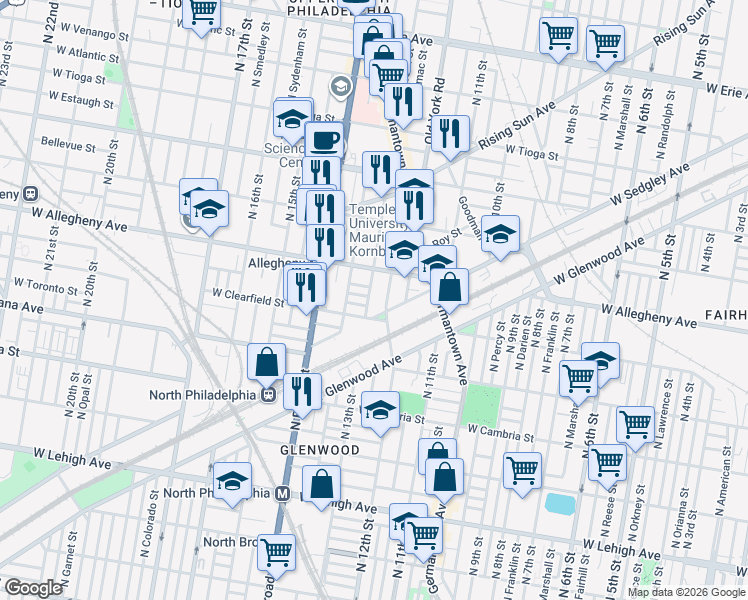 map of restaurants, bars, coffee shops, grocery stores, and more near 3137 North Camac Street in Philadelphia