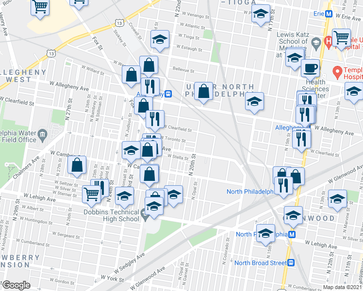 map of restaurants, bars, coffee shops, grocery stores, and more near 2020 West Toronto Street in Philadelphia