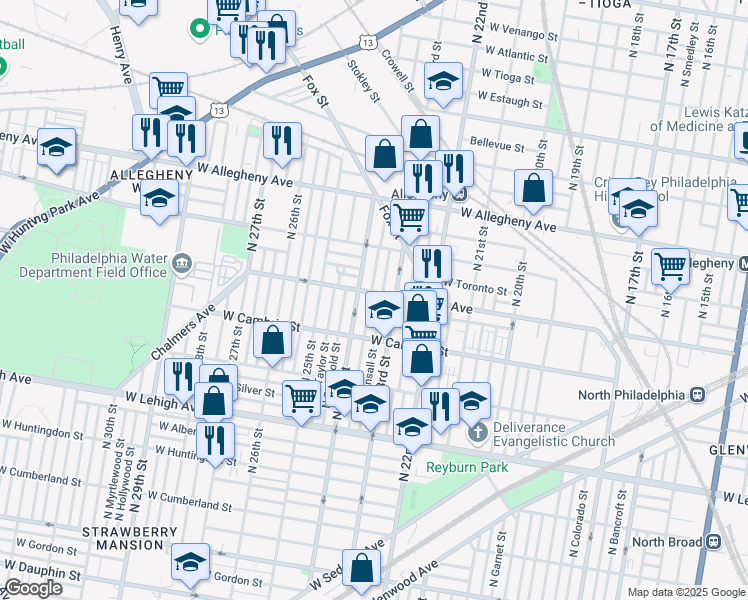 map of restaurants, bars, coffee shops, grocery stores, and more near 2953 North 24th Street in Philadelphia