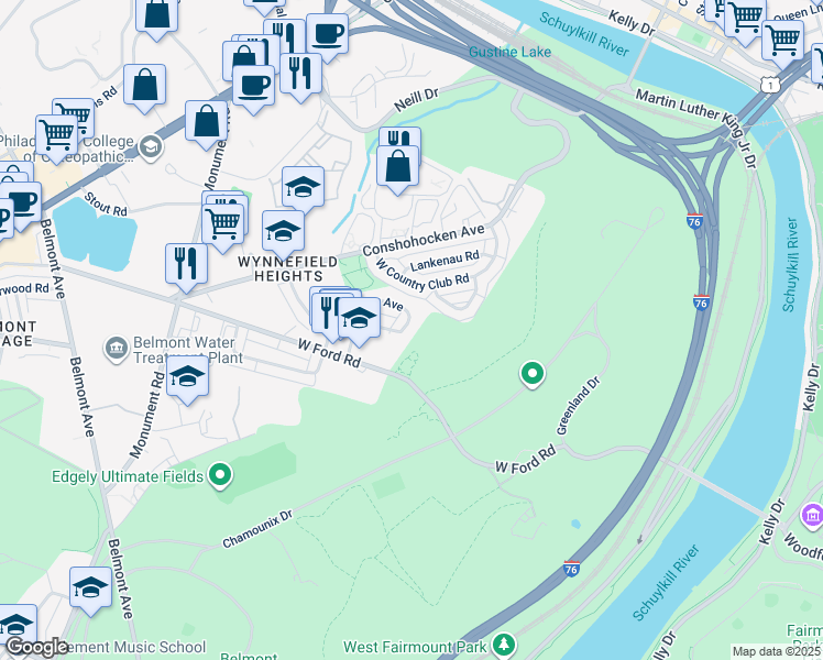 map of restaurants, bars, coffee shops, grocery stores, and more near 3917 Ellington Road in Philadelphia