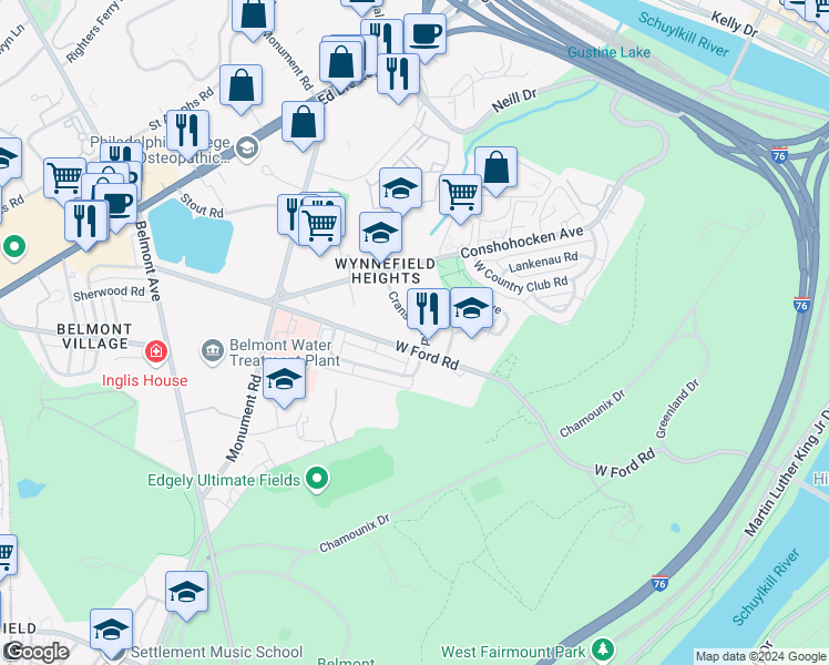 map of restaurants, bars, coffee shops, grocery stores, and more near 2707-2709 Cranston Road in Philadelphia