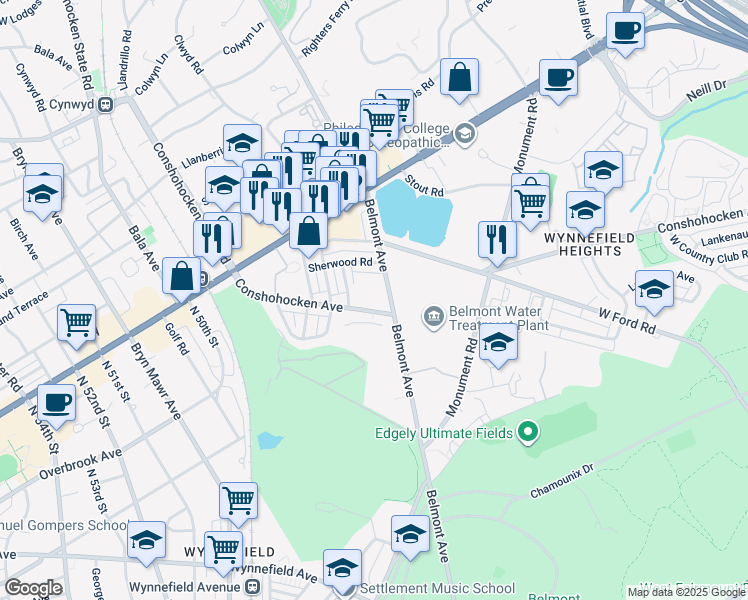 map of restaurants, bars, coffee shops, grocery stores, and more near 4401 Conshohocken Avenue in Philadelphia
