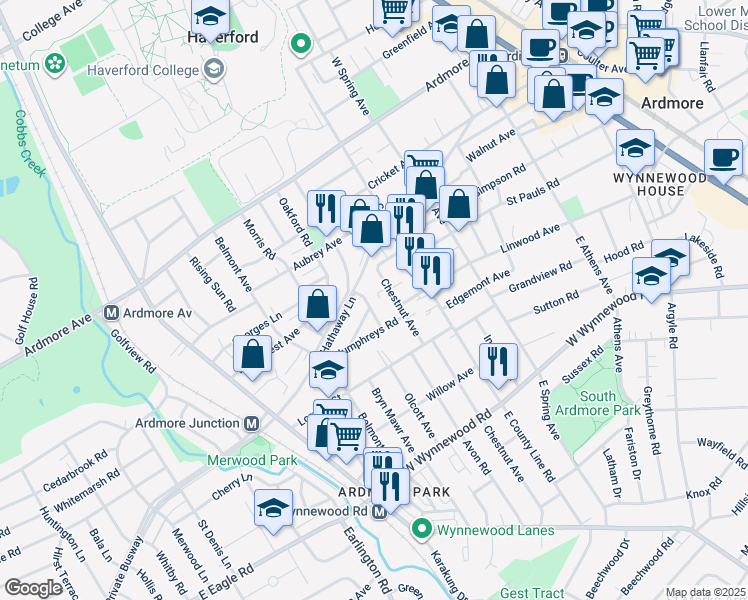 map of restaurants, bars, coffee shops, grocery stores, and more near 2725 Saint Marys Road in Ardmore