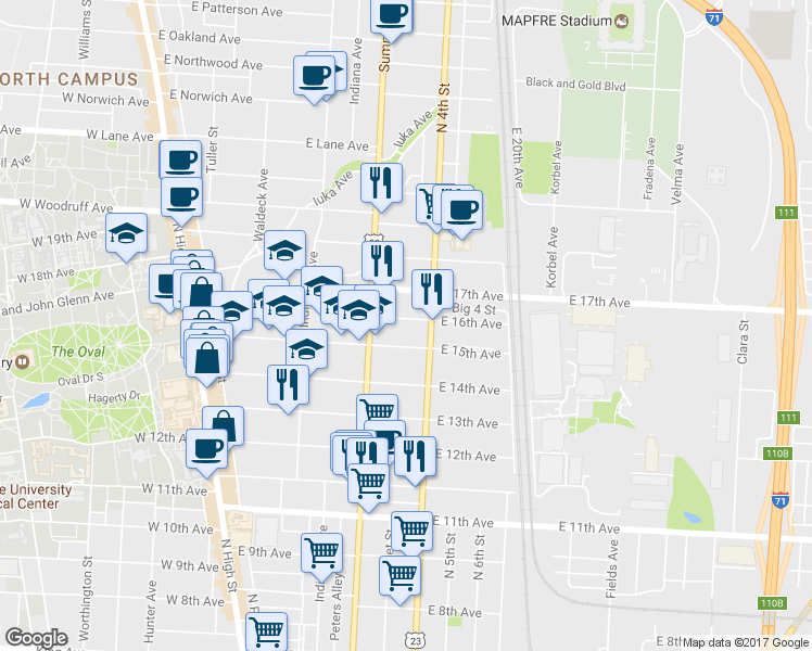 map of restaurants, bars, coffee shops, grocery stores, and more near 317 East 16th Avenue in Columbus