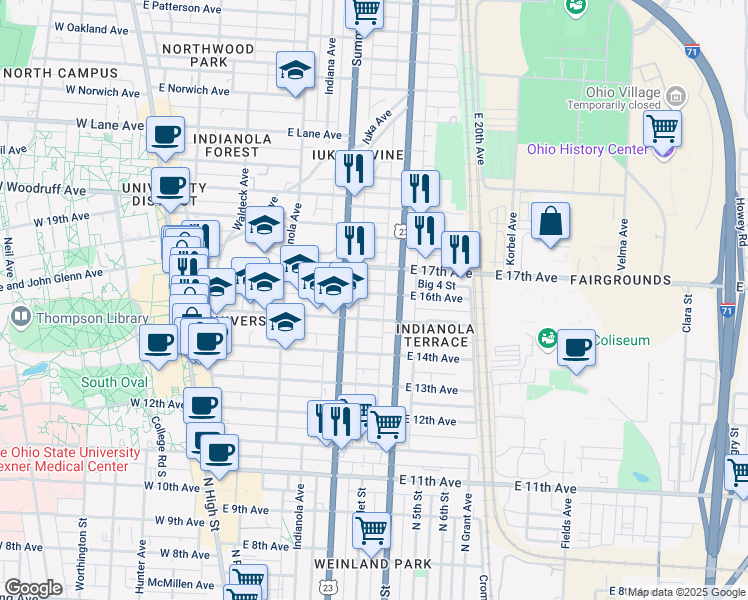 map of restaurants, bars, coffee shops, grocery stores, and more near 317 East 16th Avenue in Columbus