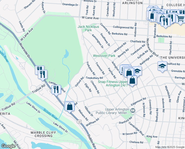 map of restaurants, bars, coffee shops, grocery stores, and more near 2236 Oxford Road in Columbus