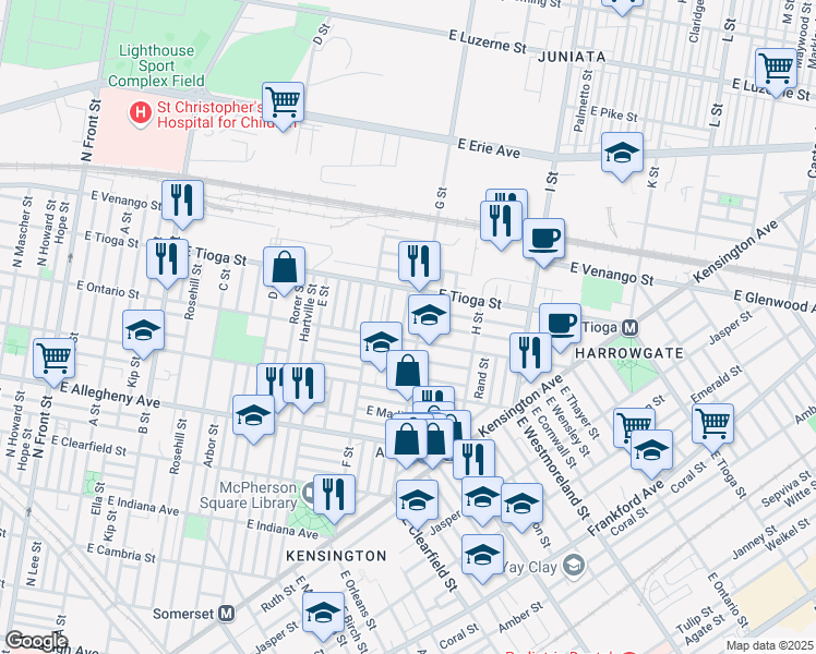 map of restaurants, bars, coffee shops, grocery stores, and more near 3407 Reach Street in Philadelphia