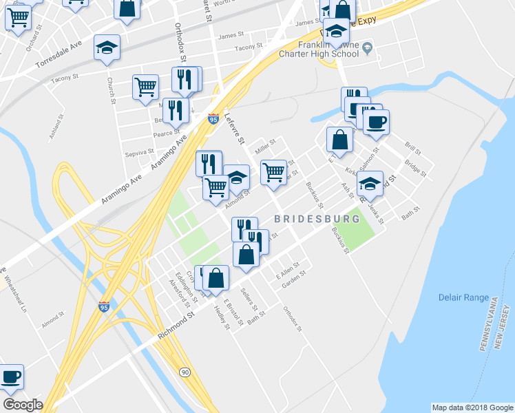 map of restaurants, bars, coffee shops, grocery stores, and more near 4456 East Thompson Street in Philadelphia
