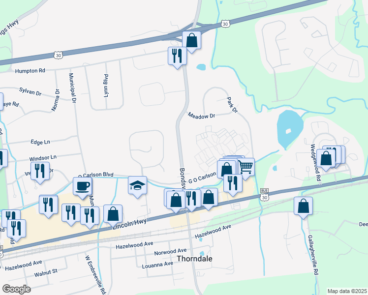 map of restaurants, bars, coffee shops, grocery stores, and more near 117 Bondsville Rd in Downingtown