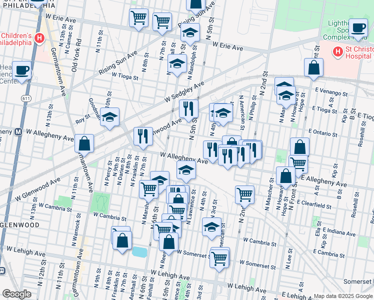 map of restaurants, bars, coffee shops, grocery stores, and more near 3216 North 5th Street in Philadelphia