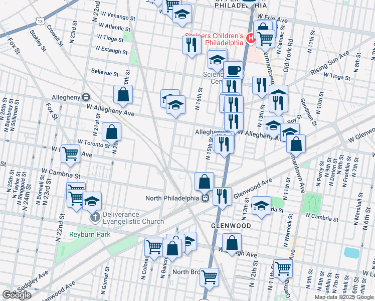 map of restaurants, bars, coffee shops, grocery stores, and more near 1604 West Clearfield Street in Philadelphia
