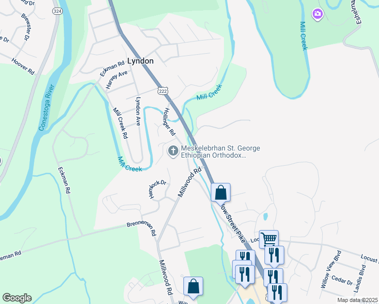 map of restaurants, bars, coffee shops, grocery stores, and more near 2141 Hollinger Road in Lancaster