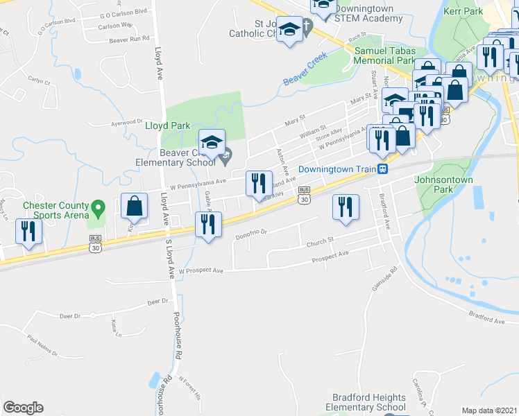 map of restaurants, bars, coffee shops, grocery stores, and more near 541 West Lancaster Avenue in Downingtown