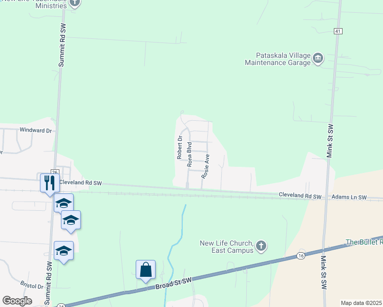 map of restaurants, bars, coffee shops, grocery stores, and more near 404 Doris Road in Pataskala