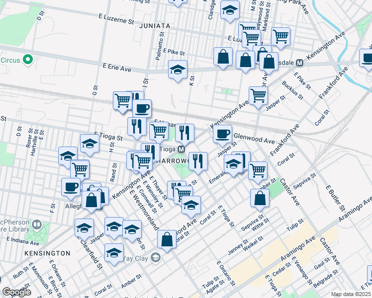 map of restaurants, bars, coffee shops, grocery stores, and more near 3509 Kensington Avenue in Philadelphia