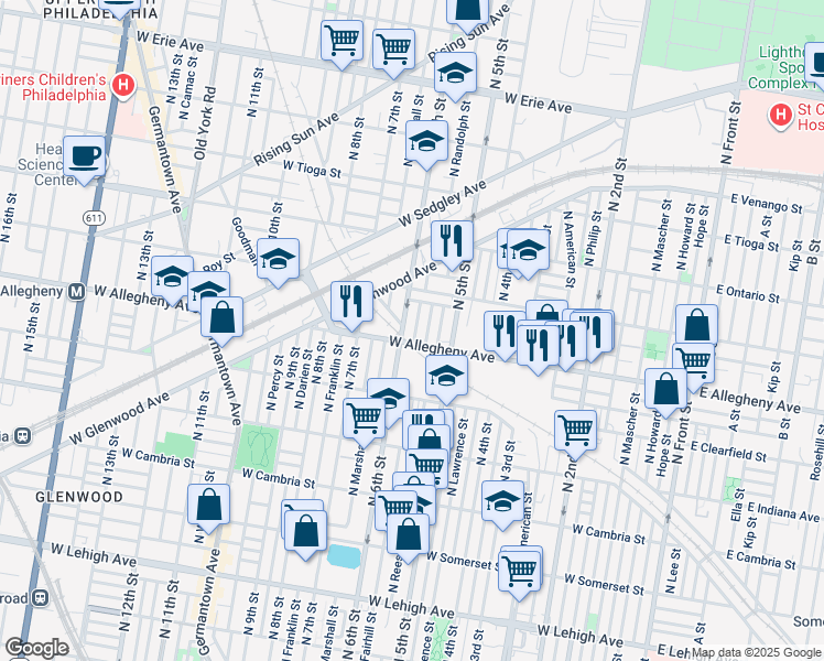 map of restaurants, bars, coffee shops, grocery stores, and more near 3210 North Fairhill Street in Philadelphia