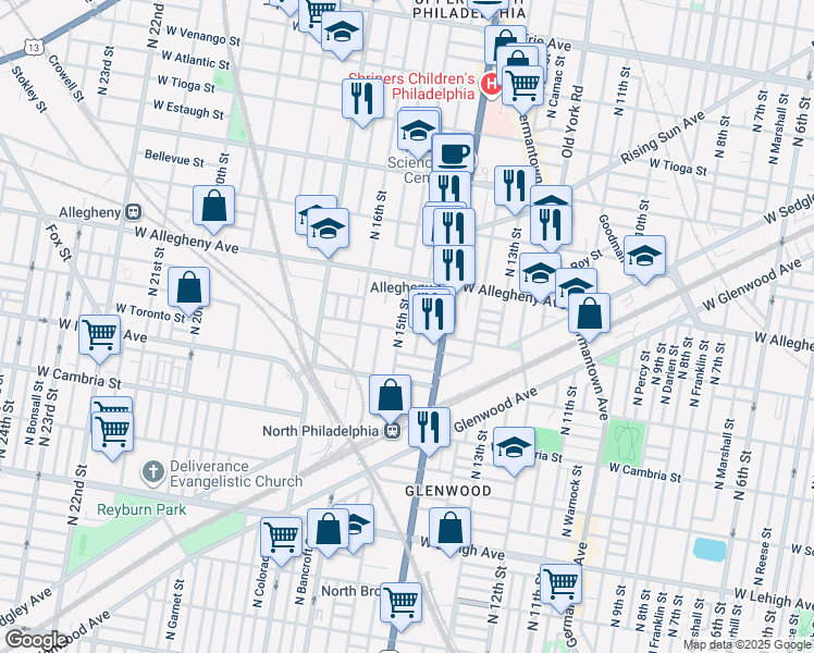 map of restaurants, bars, coffee shops, grocery stores, and more near 3103 North 15th Street in Philadelphia