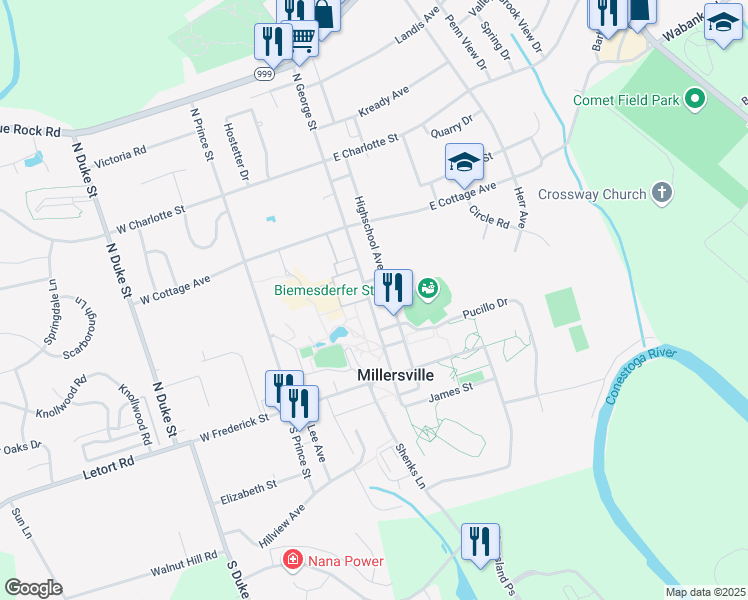 map of restaurants, bars, coffee shops, grocery stores, and more near 124 North George Street in Millersville