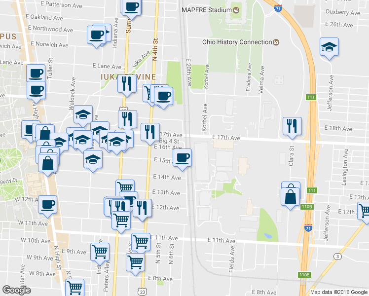 map of restaurants, bars, coffee shops, grocery stores, and more near East 16th Avenue in Columbus