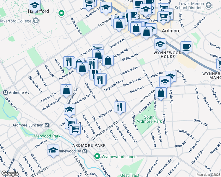 map of restaurants, bars, coffee shops, grocery stores, and more near 213 Edgemont Avenue in Ardmore
