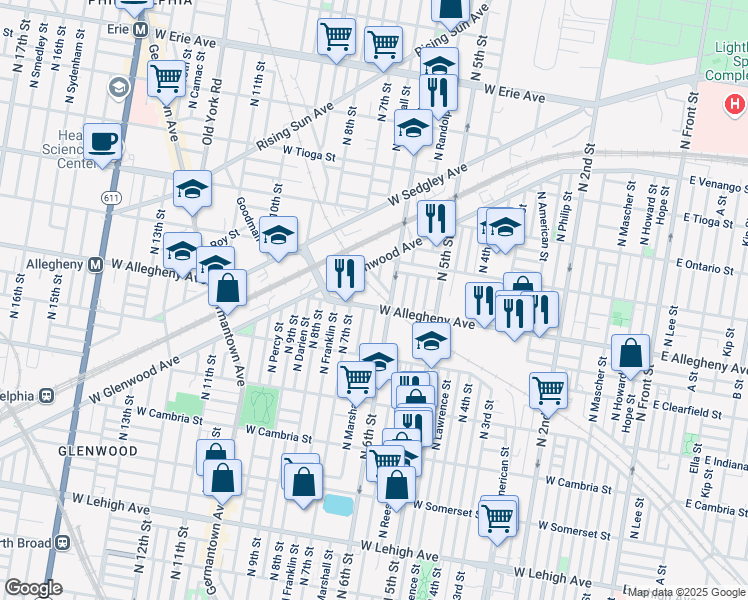 map of restaurants, bars, coffee shops, grocery stores, and more near 609 West Allegheny Avenue in Philadelphia