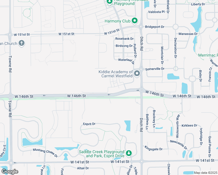 map of restaurants, bars, coffee shops, grocery stores, and more near 1698 South Waterleaf Drive in Westfield