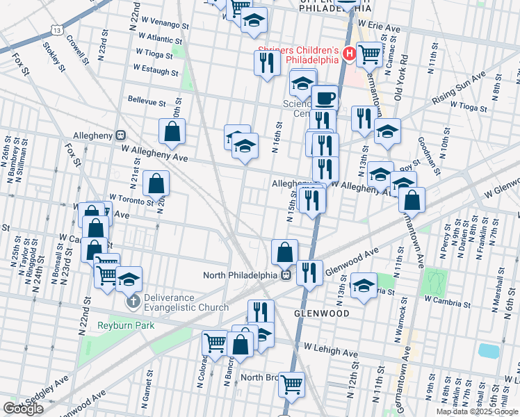 map of restaurants, bars, coffee shops, grocery stores, and more near 1608 West Clearfield Street in Philadelphia