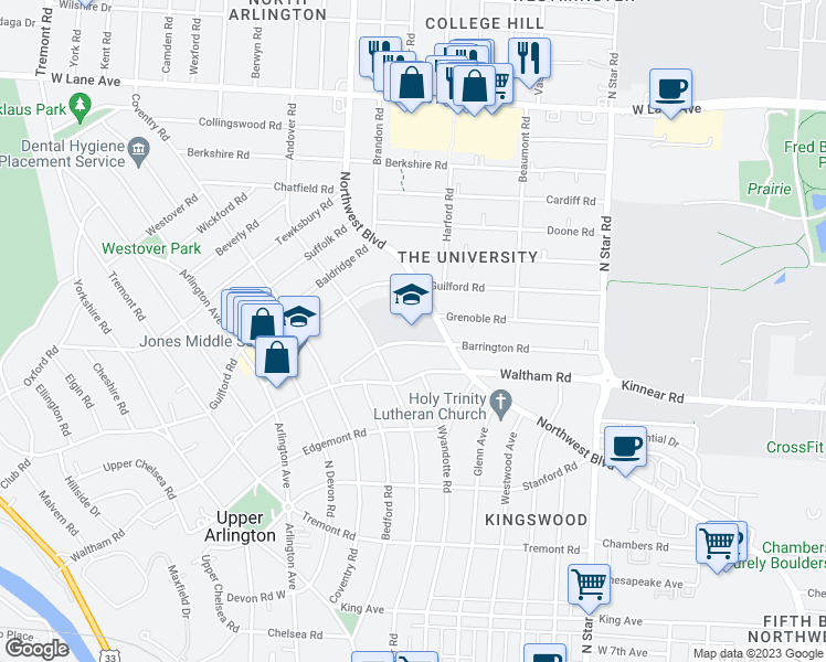 map of restaurants, bars, coffee shops, grocery stores, and more near 1780 Barrington Road in Columbus