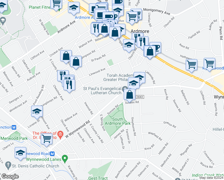 map of restaurants, bars, coffee shops, grocery stores, and more near 115 Sutton Road in Ardmore