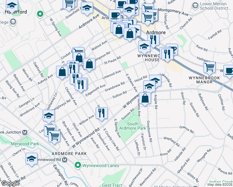 map of restaurants, bars, coffee shops, grocery stores, and more near 134 Sutton Road in Ardmore