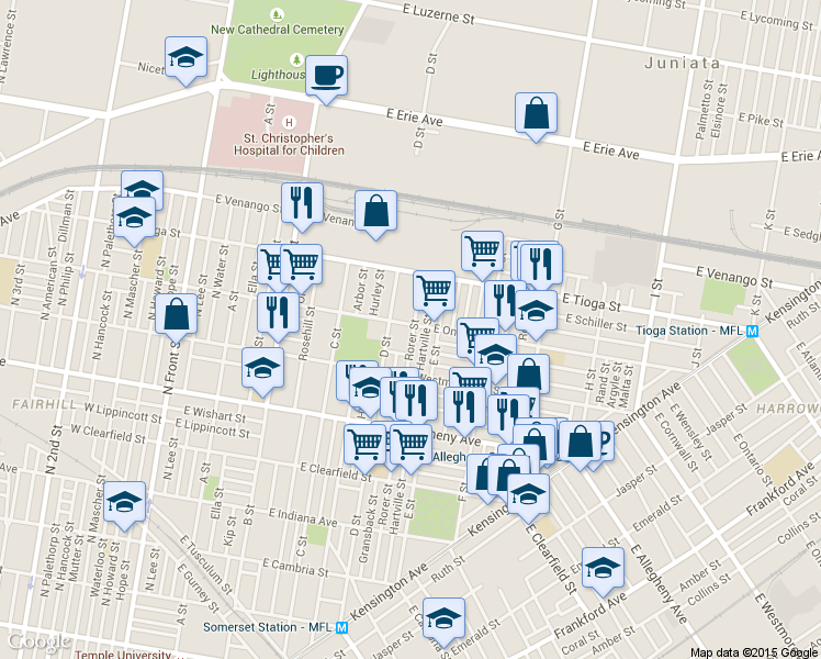 map of restaurants, bars, coffee shops, grocery stores, and more near 524 East Ontario Street in Philadelphia
