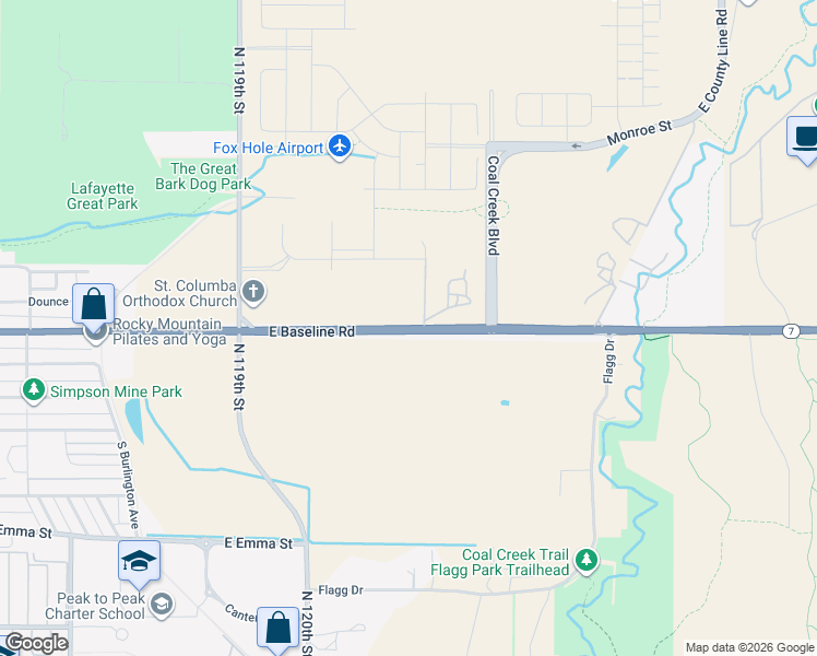 map of restaurants, bars, coffee shops, grocery stores, and more near 12177 East Baseline Road in Lafayette