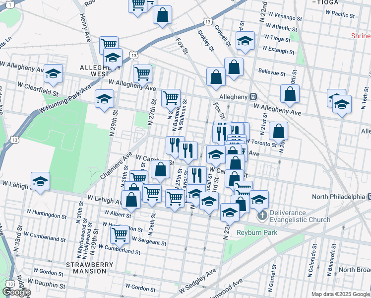 map of restaurants, bars, coffee shops, grocery stores, and more near 2945 North 24th Street in Philadelphia