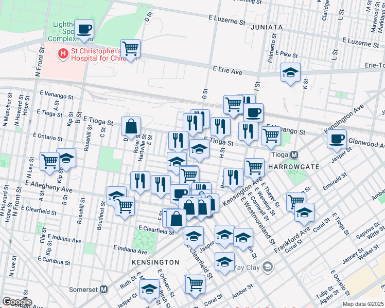 map of restaurants, bars, coffee shops, grocery stores, and more near 3412 G St in Philadelphia