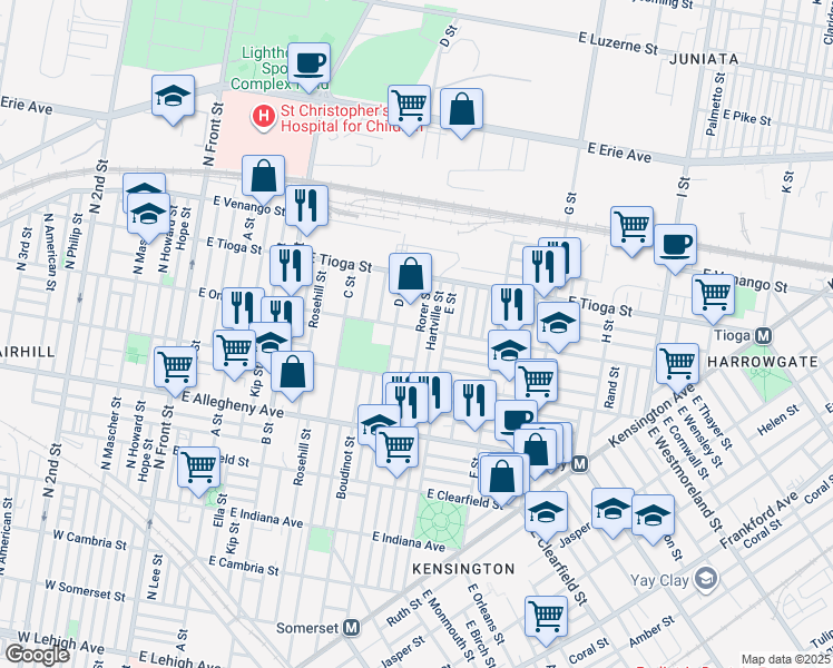 map of restaurants, bars, coffee shops, grocery stores, and more near 524 East Ontario Street in Philadelphia