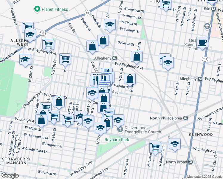 map of restaurants, bars, coffee shops, grocery stores, and more near 2129 West Indiana Avenue in Philadelphia